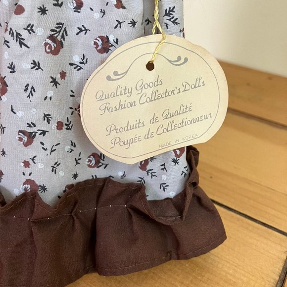Blonde Big Eye Doll Brown Calico Floral Prairie Bonnet & Dress 9" Vintage Korea - Picture 8 of 12